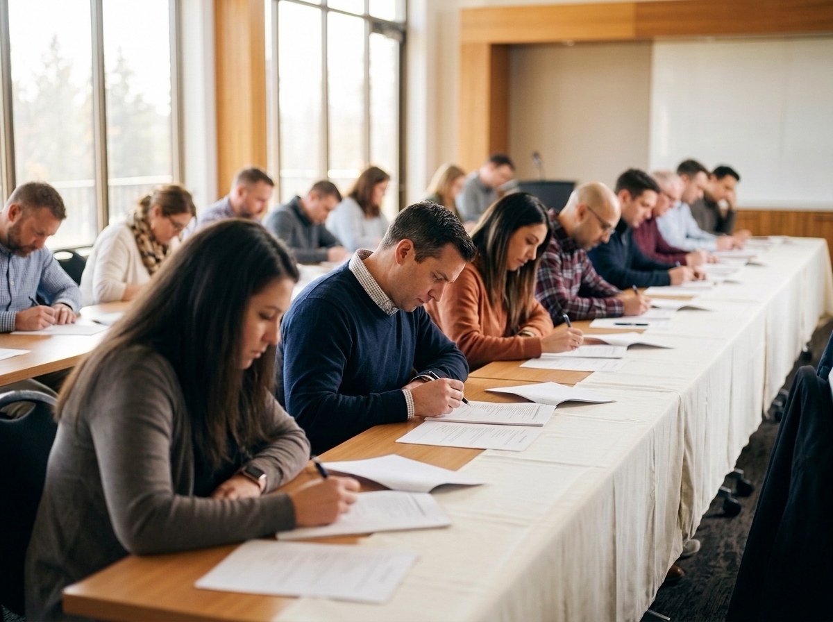 A class working through a printed practice paper at a long table.